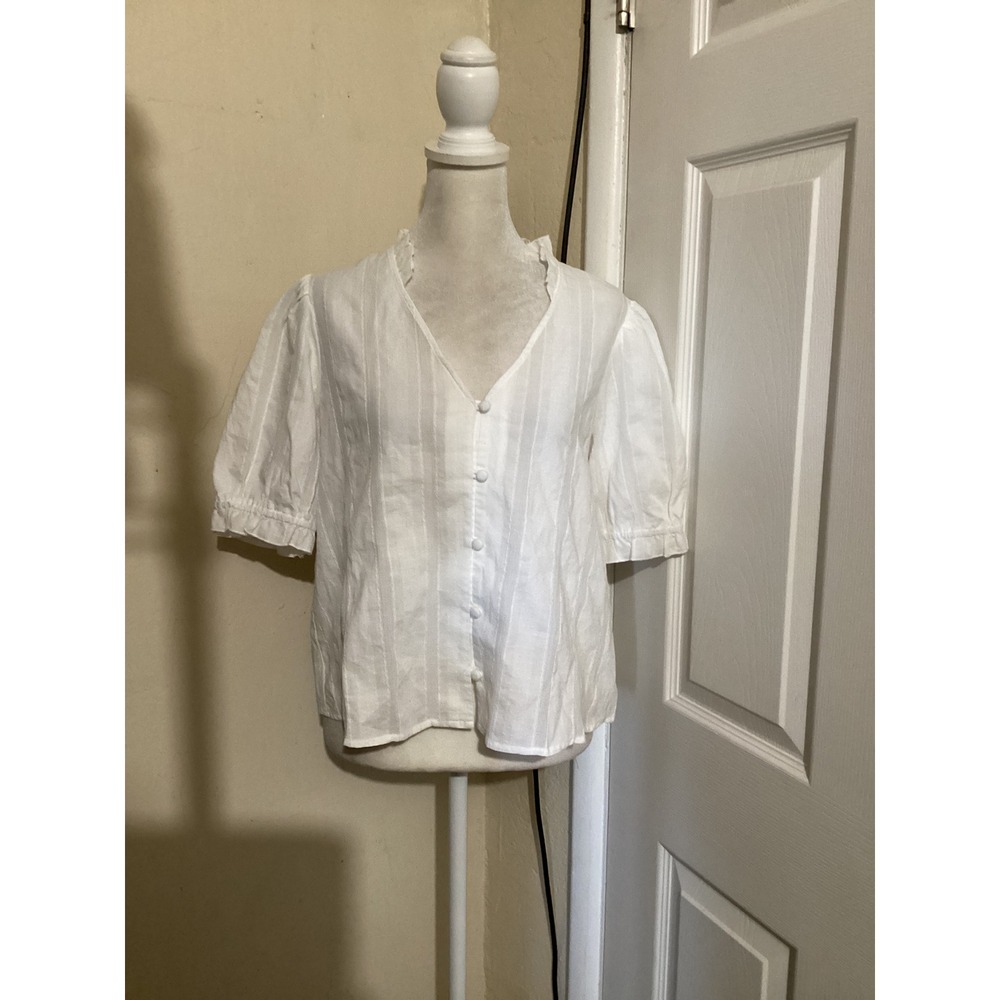 Sanctuary White Cotton Dobby Stripe Ruffle V-Neck Puff Sleeve Blouse S